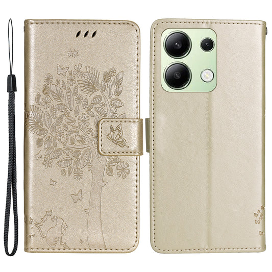 KT Imprinting Flower Series-3 For Xiaomi Redmi Note 13 4G Wallet Phone Case Cat Tree Pattern - Gold