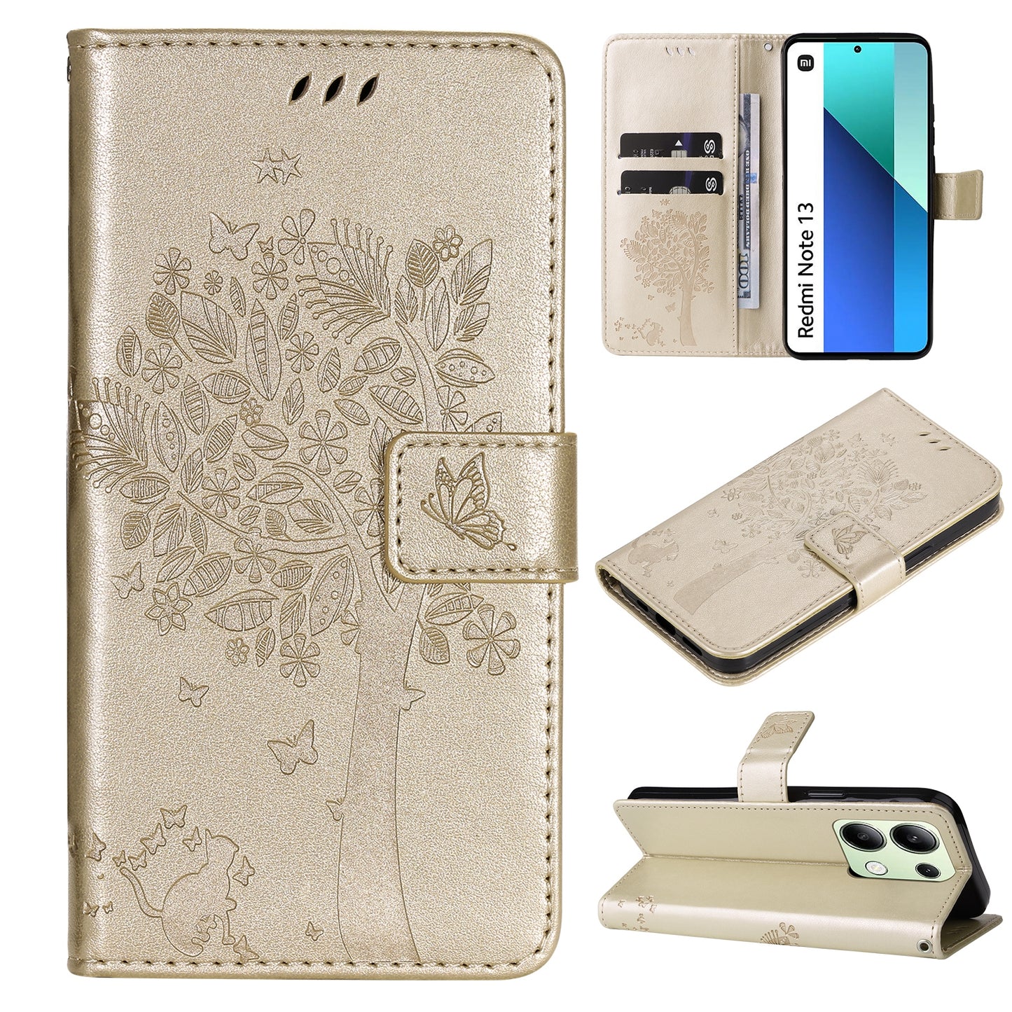 KT Imprinting Flower Series-3 For Xiaomi Redmi Note 13 4G Wallet Phone Case Cat Tree Pattern - Gold