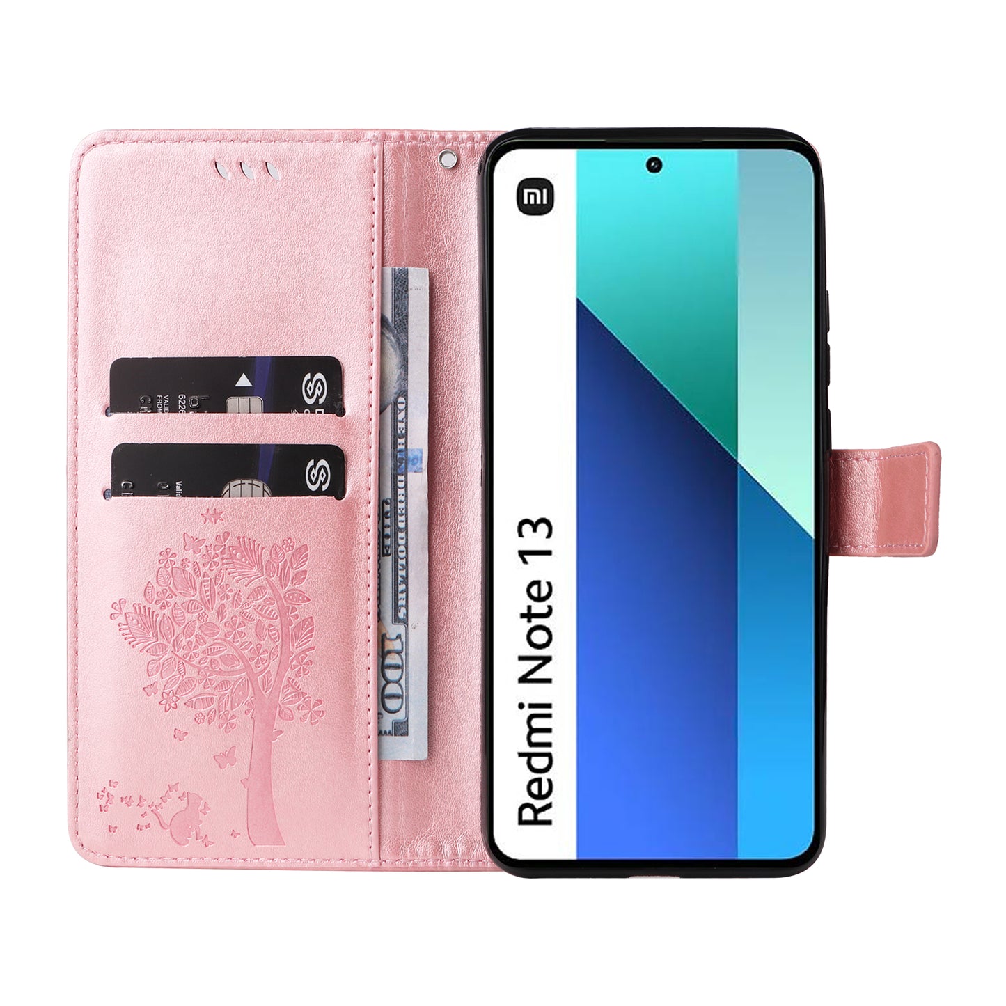 KT Imprinting Flower Series-3 For Xiaomi Redmi Note 13 4G Wallet Phone Case Cat Tree Pattern - Rose Gold