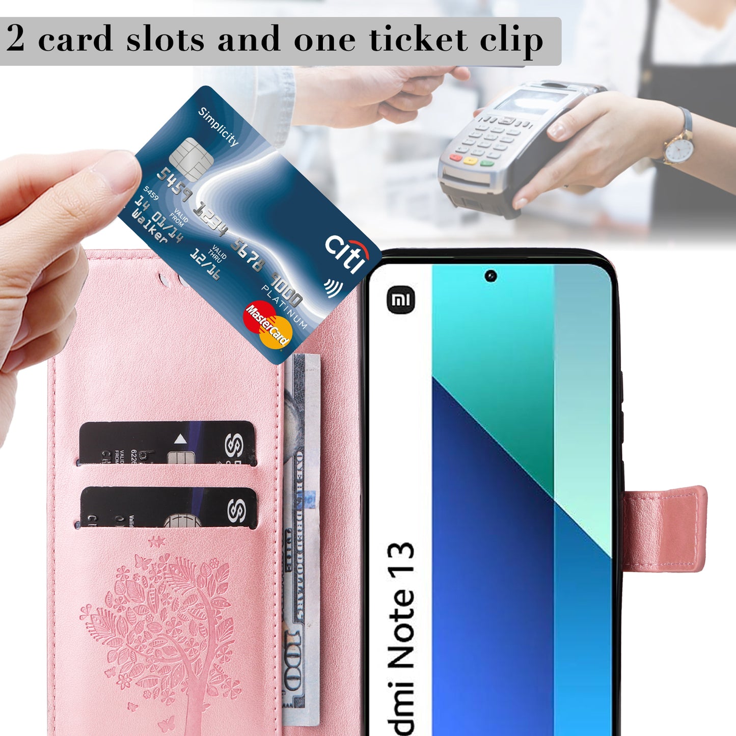 KT Imprinting Flower Series-3 For Xiaomi Redmi Note 13 4G Wallet Phone Case Cat Tree Pattern - Rose Gold