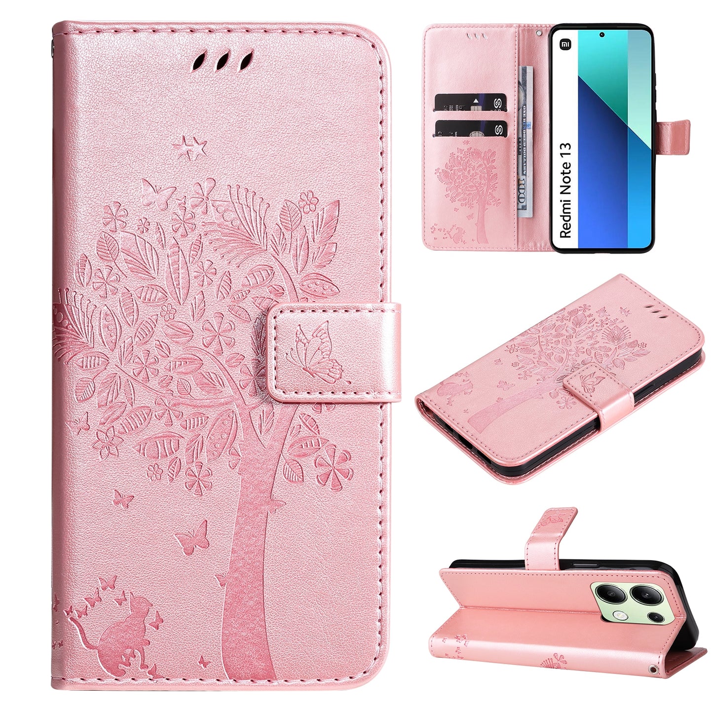 KT Imprinting Flower Series-3 For Xiaomi Redmi Note 13 4G Wallet Phone Case Cat Tree Pattern - Rose Gold