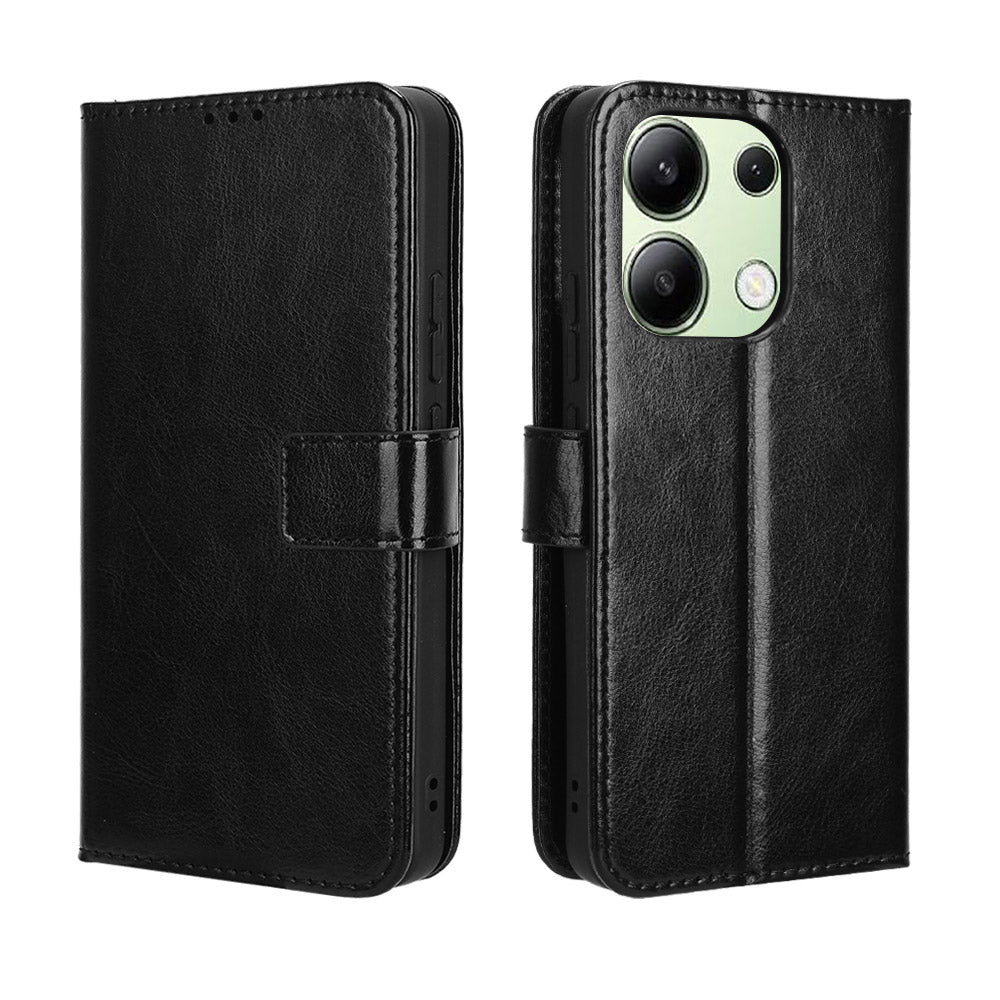 For Xiaomi Redmi Note 13 4G Wallet Leather Phone Case Crazy Horse Texture - Black