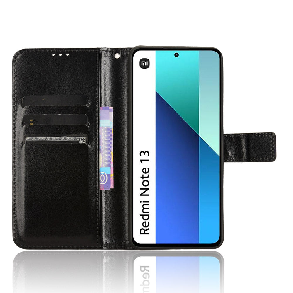 For Xiaomi Redmi Note 13 4G Wallet Leather Phone Case Crazy Horse Texture - Black