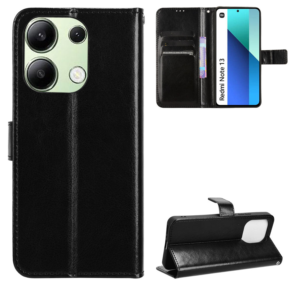 For Xiaomi Redmi Note 13 4G Wallet Leather Phone Case Crazy Horse Texture - Black