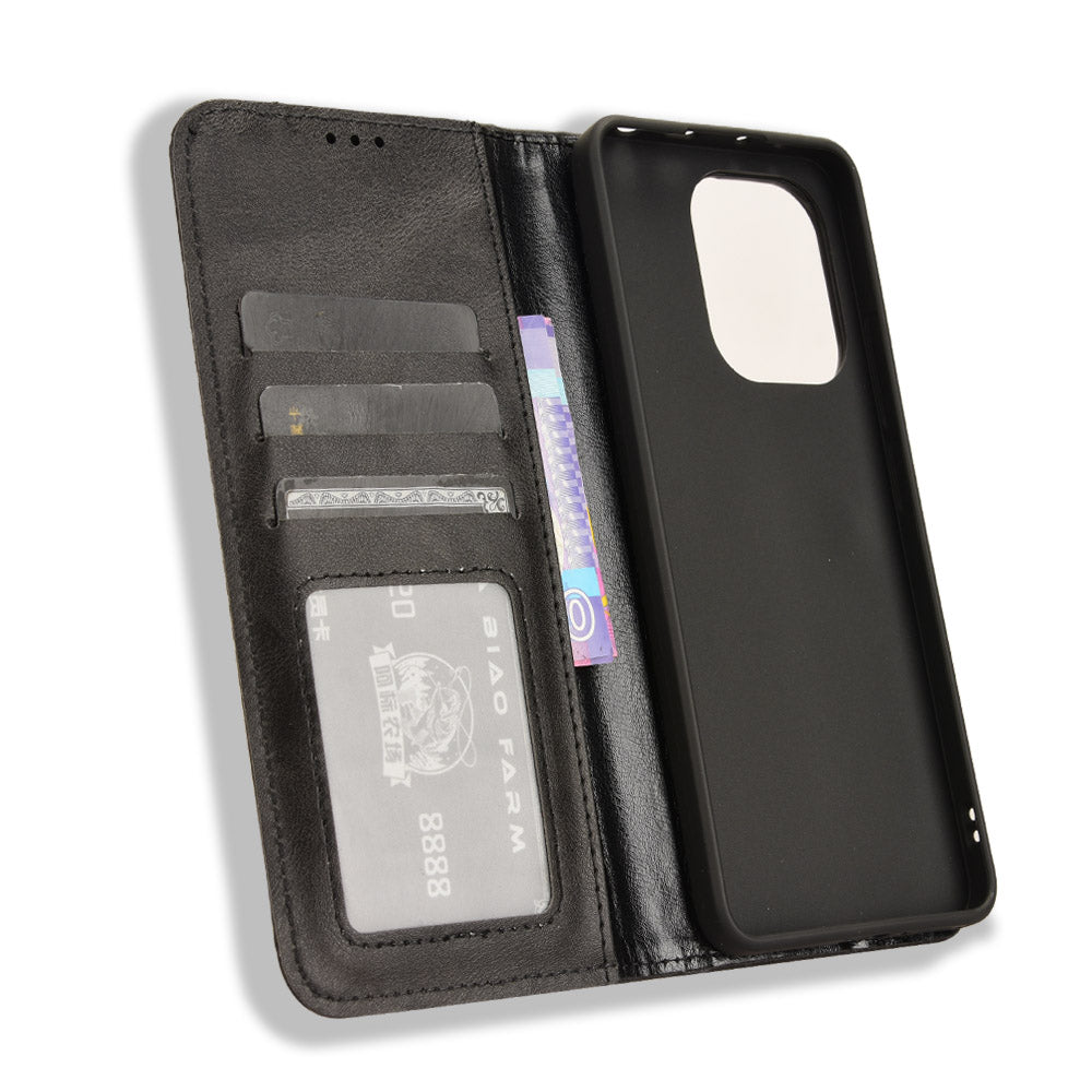 For Xiaomi Redmi Note 13 4G Leather Case Wallet Folding Stand Retro Phone Cover - Black