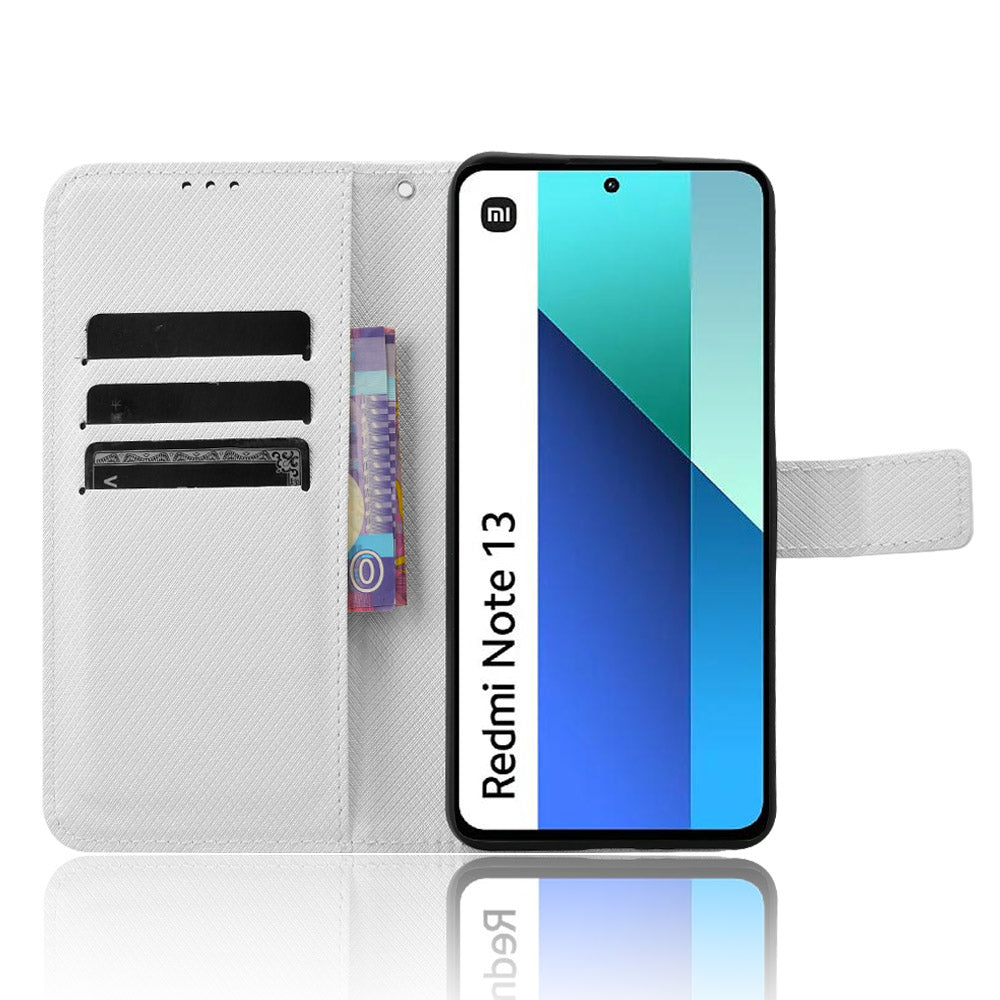 For Xiaomi Redmi Note 13 4G Wallet Phone Case Diamond Texture PU Leather Cover - White