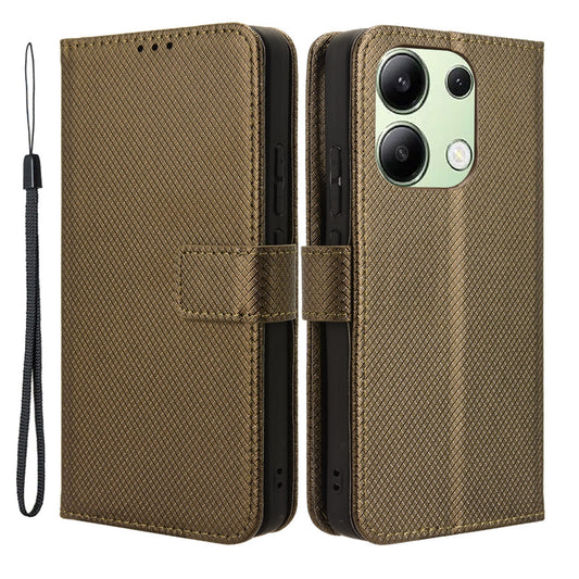 For Xiaomi Redmi Note 13 4G Wallet Phone Case Diamond Texture PU Leather Cover - Brown