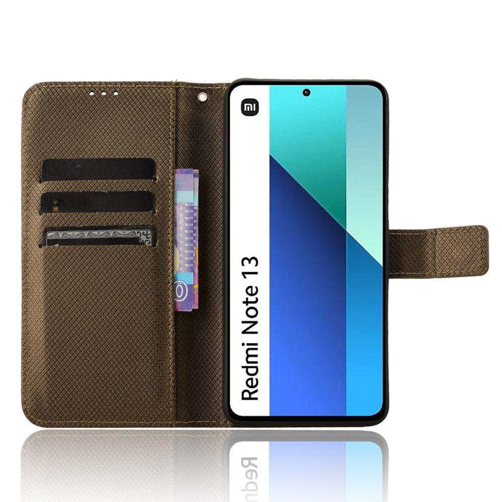 For Xiaomi Redmi Note 13 4G Wallet Phone Case Diamond Texture PU Leather Cover - Brown