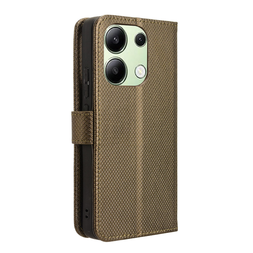 For Xiaomi Redmi Note 13 4G Wallet Phone Case Diamond Texture PU Leather Cover - Brown