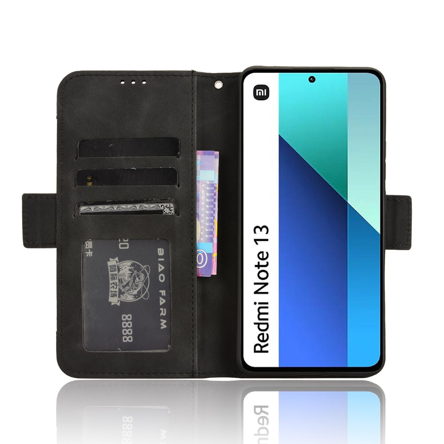For Xiaomi Redmi Note 13 4G Leather Case Phone Cover with Multi Card Slots - Black