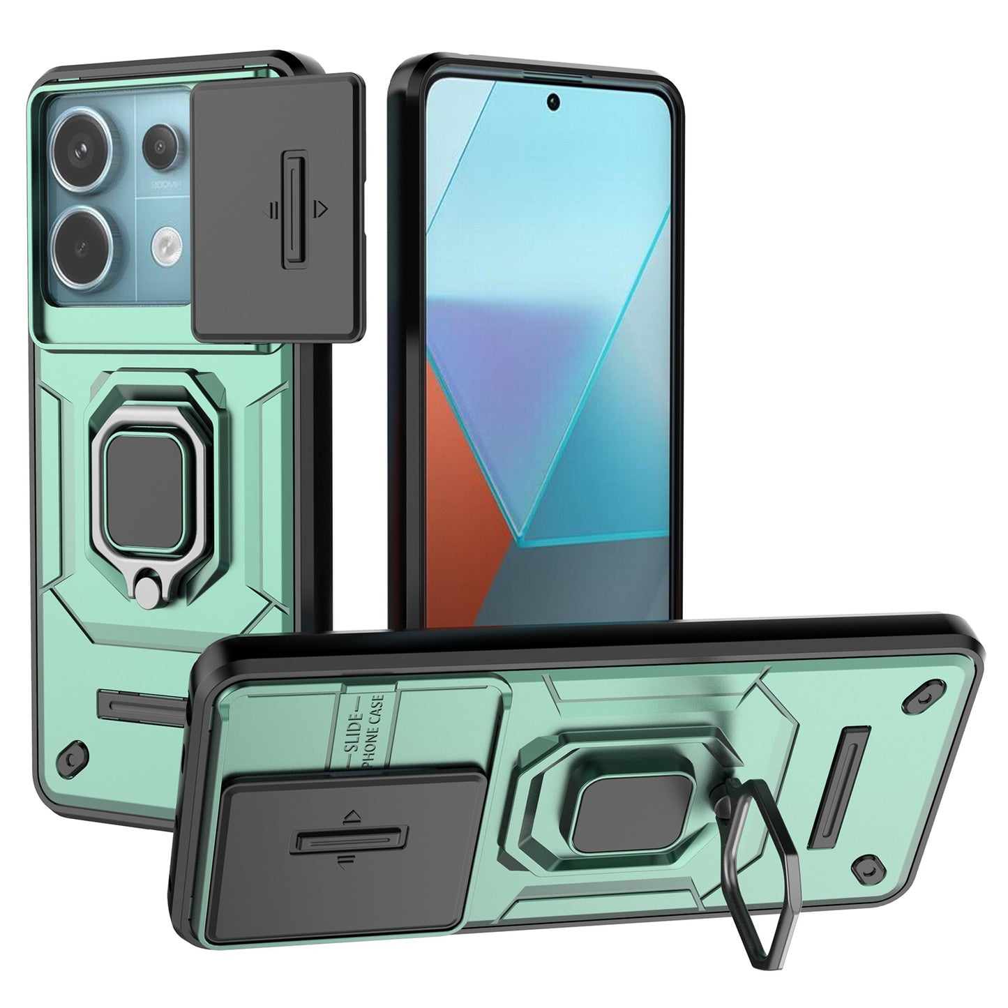 For Xiaomi Redmi Note 13 Pro 5G / Poco X6 5G Kickstand Case Slide Lens Protection Cell Phone Cover - Green