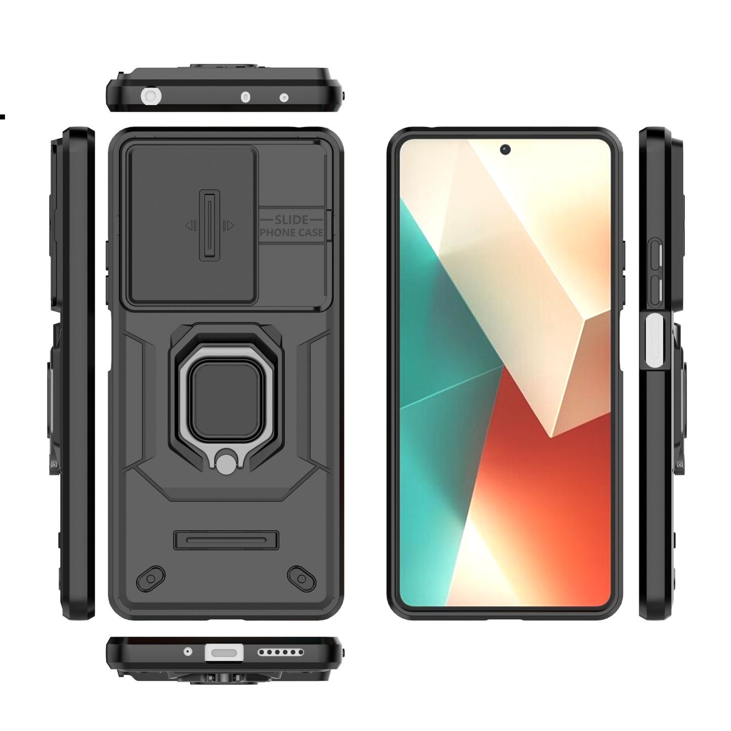 For Xiaomi Redmi Note 13 5G / Note 13 5G (China) Case Kickstand Phone Cover Slide Lens Lid - Black