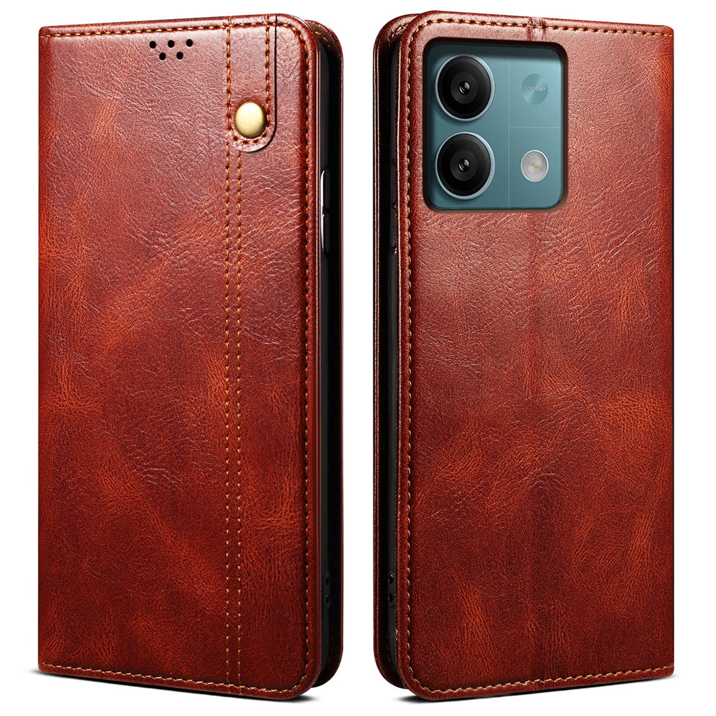 For Xiaomi Redmi Note 13 4G Wallet Phone Case Leather Flip Phone Cover - Brown