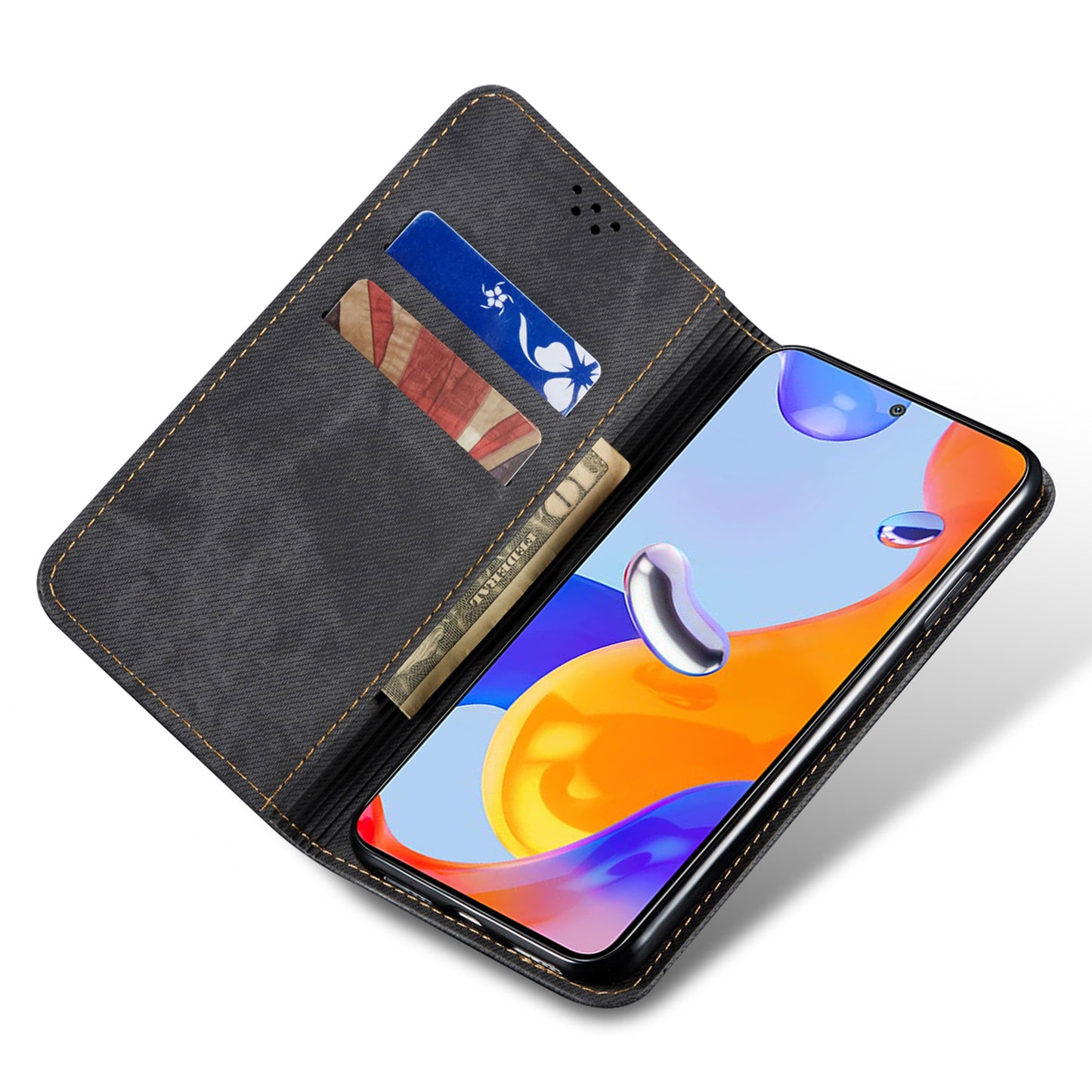For Xiaomi Redmi Note 13 4G Leather Wallet Case Jeans Cloth Texture TPU Shockproof Shell - Black
