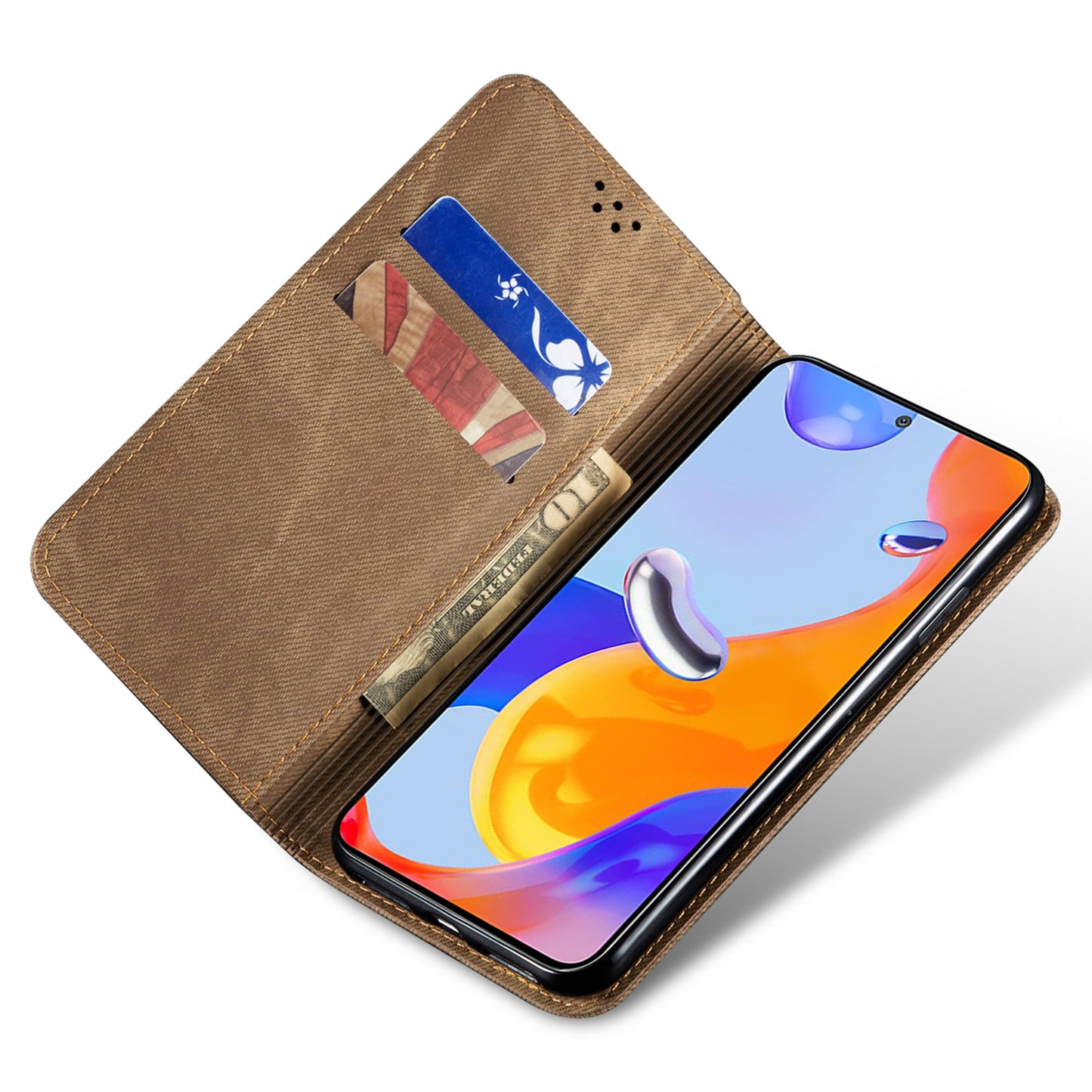 For Xiaomi Redmi Note 13 4G Leather Wallet Case Jeans Cloth Texture TPU Shockproof Shell - Khaki