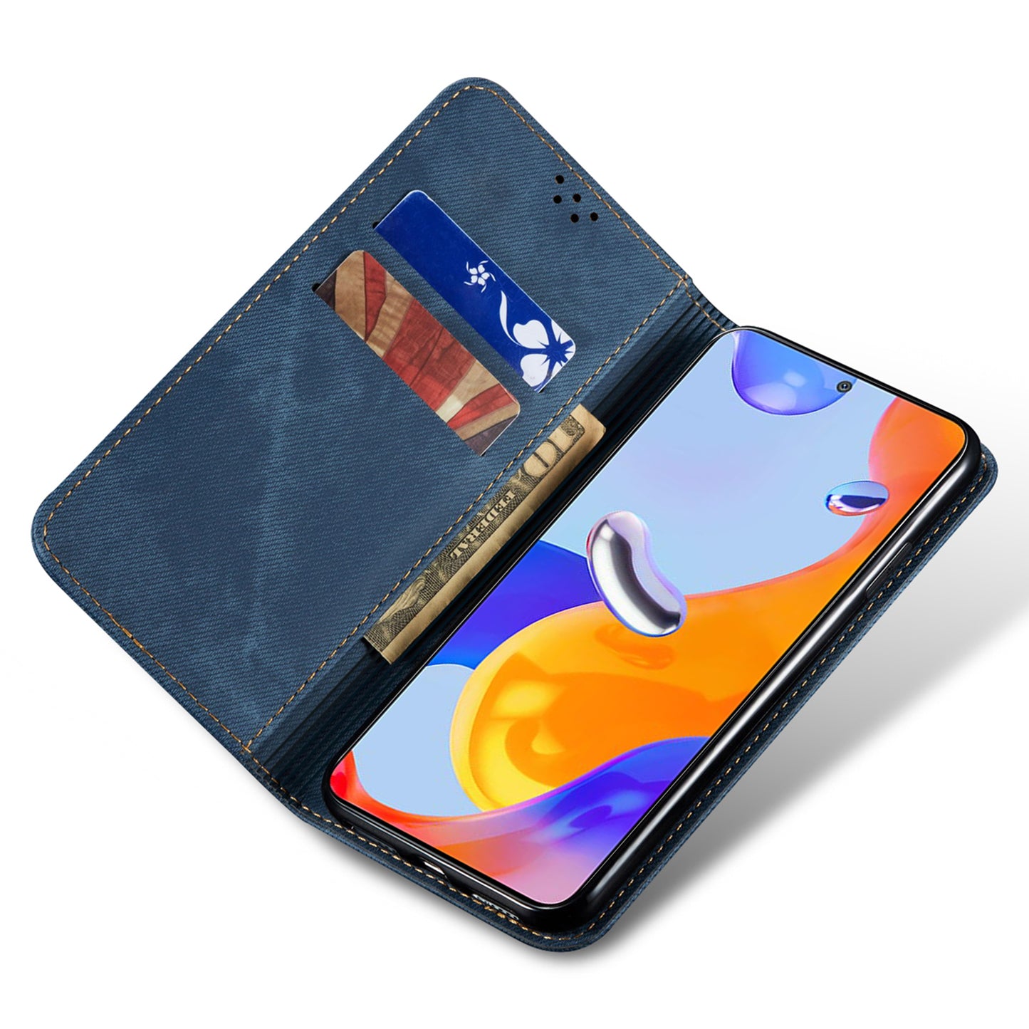For Xiaomi Redmi Note 13 4G Leather Wallet Case Jeans Cloth Texture TPU Shockproof Shell - Blue