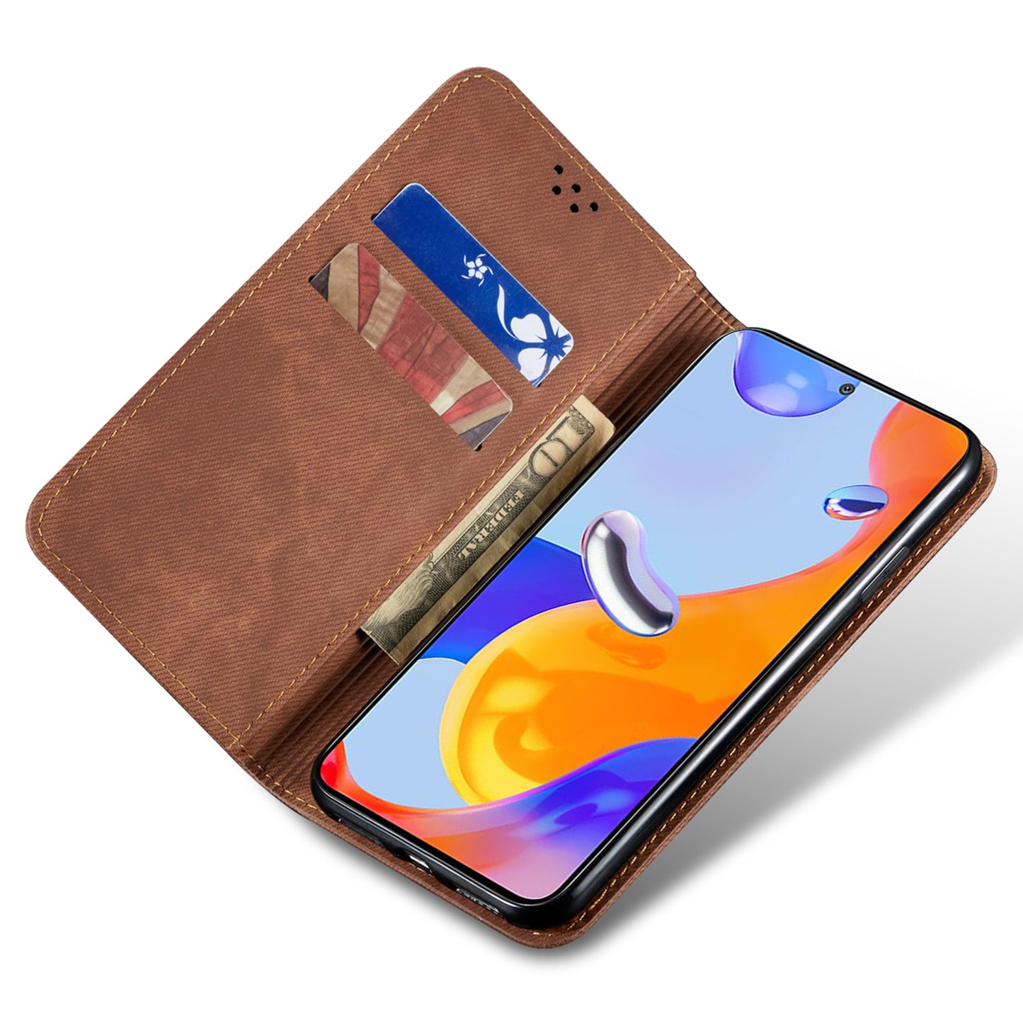 For Xiaomi Redmi Note 13 4G Leather Wallet Case Jeans Cloth Texture TPU Shockproof Shell - Coffee