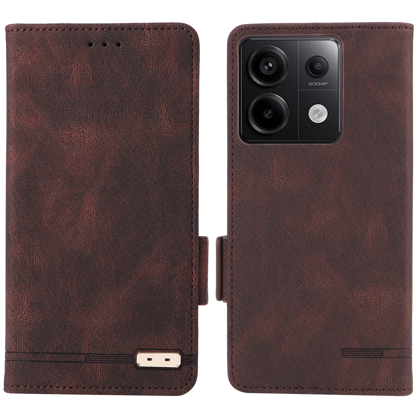 For Xiaomi Redmi Note 13 Pro 5G / Poco X6 5G Wallet Case Hardware Decor Leather Phone Cover - Coffee