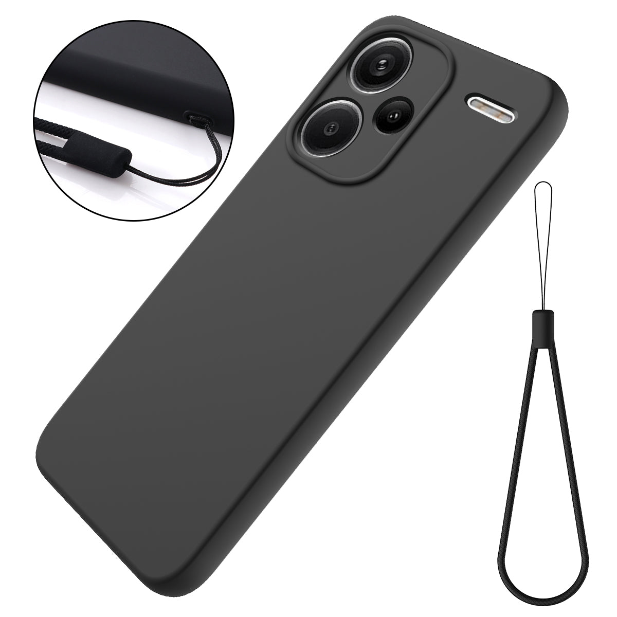 For Xiaomi Redmi Note 13 Pro+ 5G Liquid Silicone Phone Case with Strap Raised Edge - Black