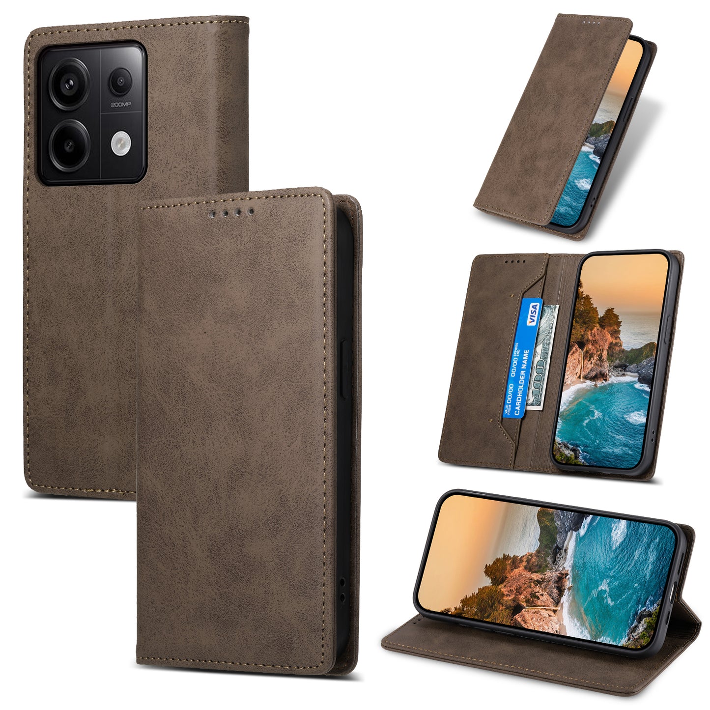 DF-05 For Xiaomi Redmi Note 13 Pro 5G / Poco X6 5G Case RFID Blocking Phone Cover Wallet - Brown