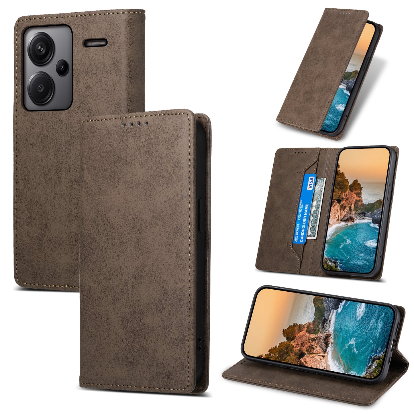 DF-05 For Xiaomi Redmi Note 13 Pro+ 5G Leather Case RFID Blocking Wallet Cover - Brown