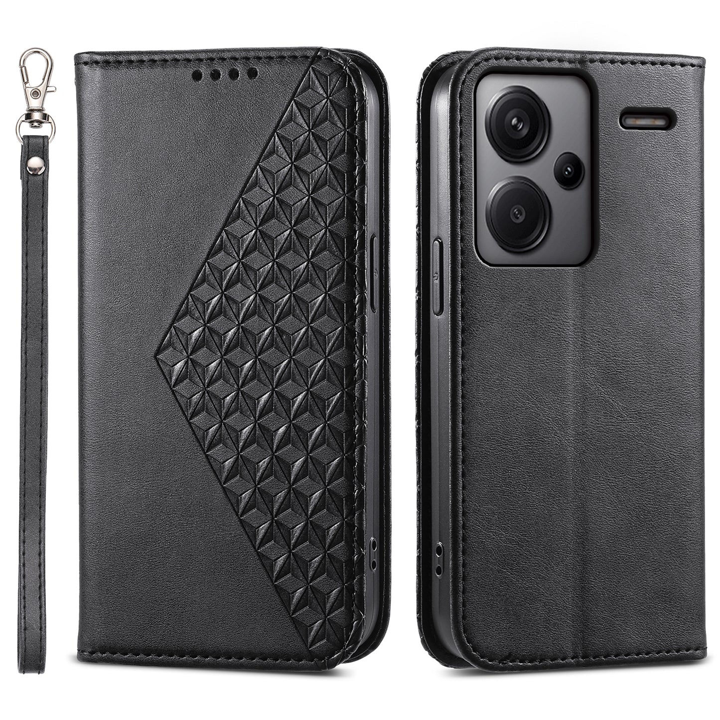 For Xiaomi Redmi Note 13 Pro+ 5G Leather Case Wallet Flip Cover Rhombus Pattern - Black