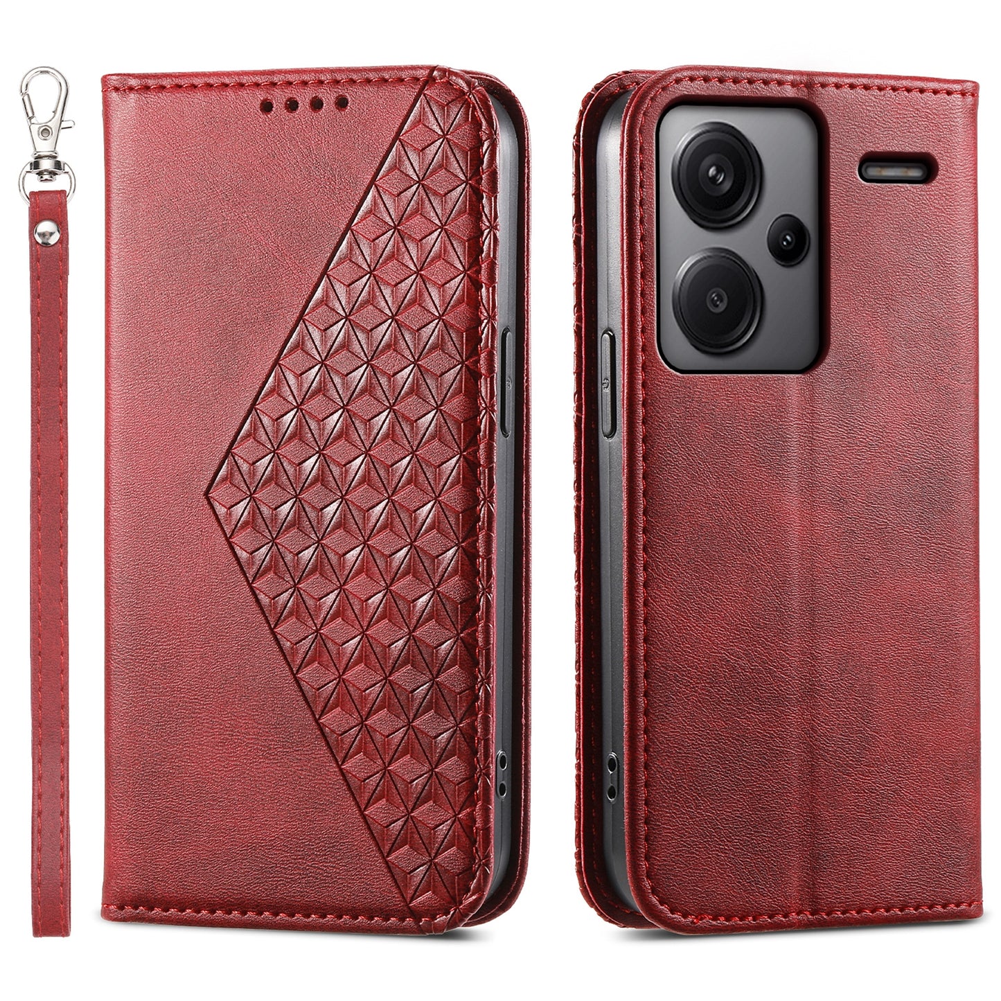 For Xiaomi Redmi Note 13 Pro+ 5G Leather Case Wallet Flip Cover Rhombus Pattern - Red