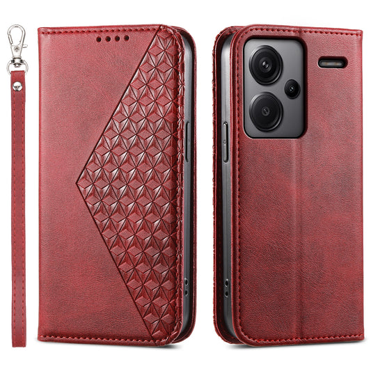 For Xiaomi Redmi Note 13 Pro+ 5G Leather Case Wallet Flip Cover Rhombus Pattern - Red