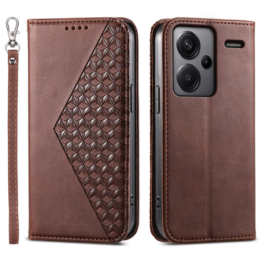 For Xiaomi Redmi Note 13 Pro+ 5G Leather Case Wallet Flip Cover Rhombus Pattern - Brown