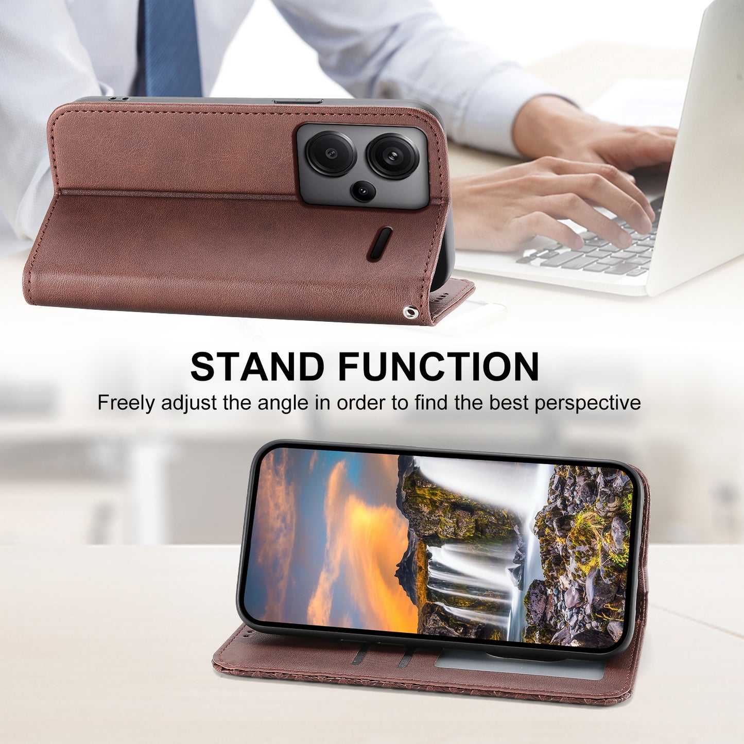 For Xiaomi Redmi Note 13 Pro+ 5G Leather Case Wallet Flip Cover Rhombus Pattern - Brown