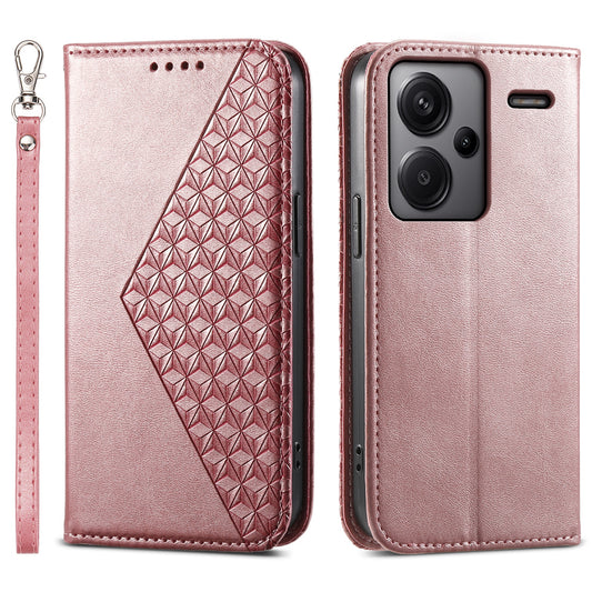 For Xiaomi Redmi Note 13 Pro+ 5G Leather Case Wallet Flip Cover Rhombus Pattern - Rose Gold