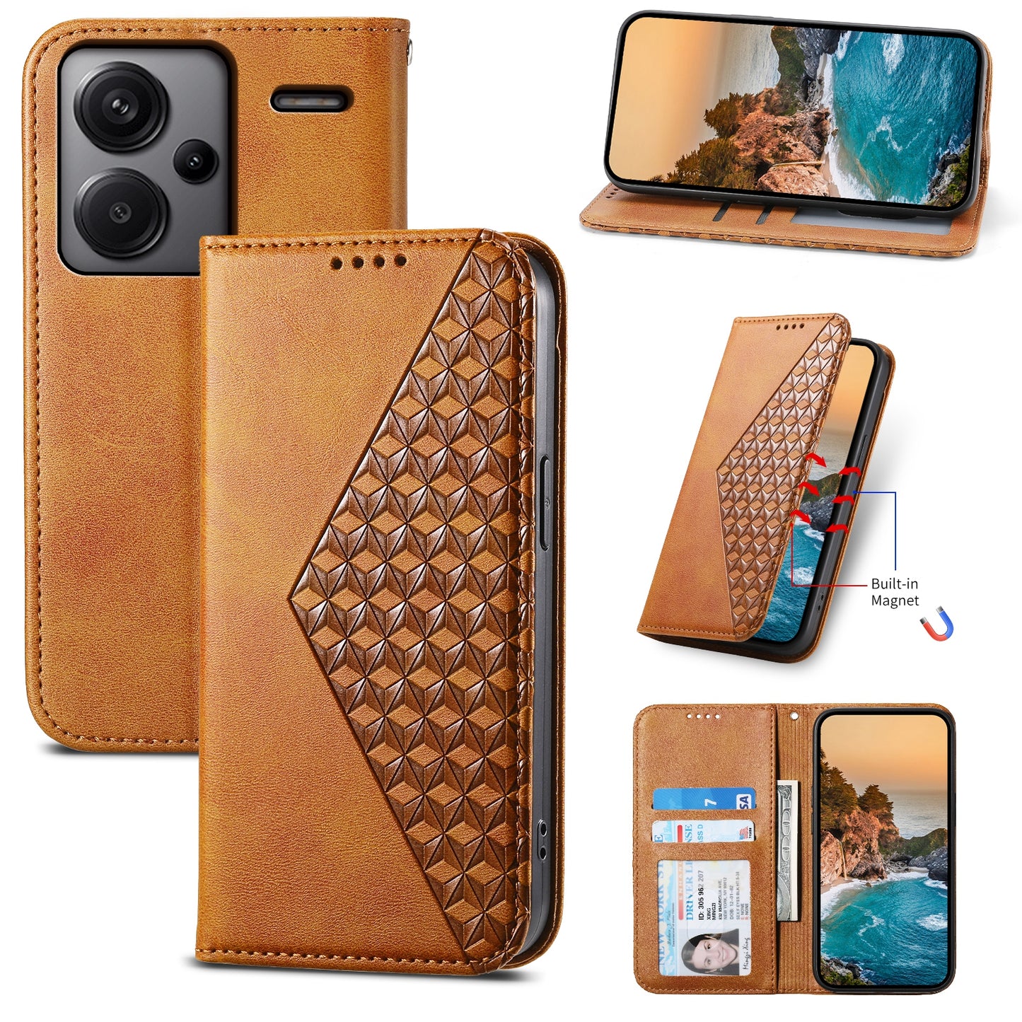 For Xiaomi Redmi Note 13 Pro+ 5G Leather Case Wallet Flip Cover Rhombus Pattern - Yellow