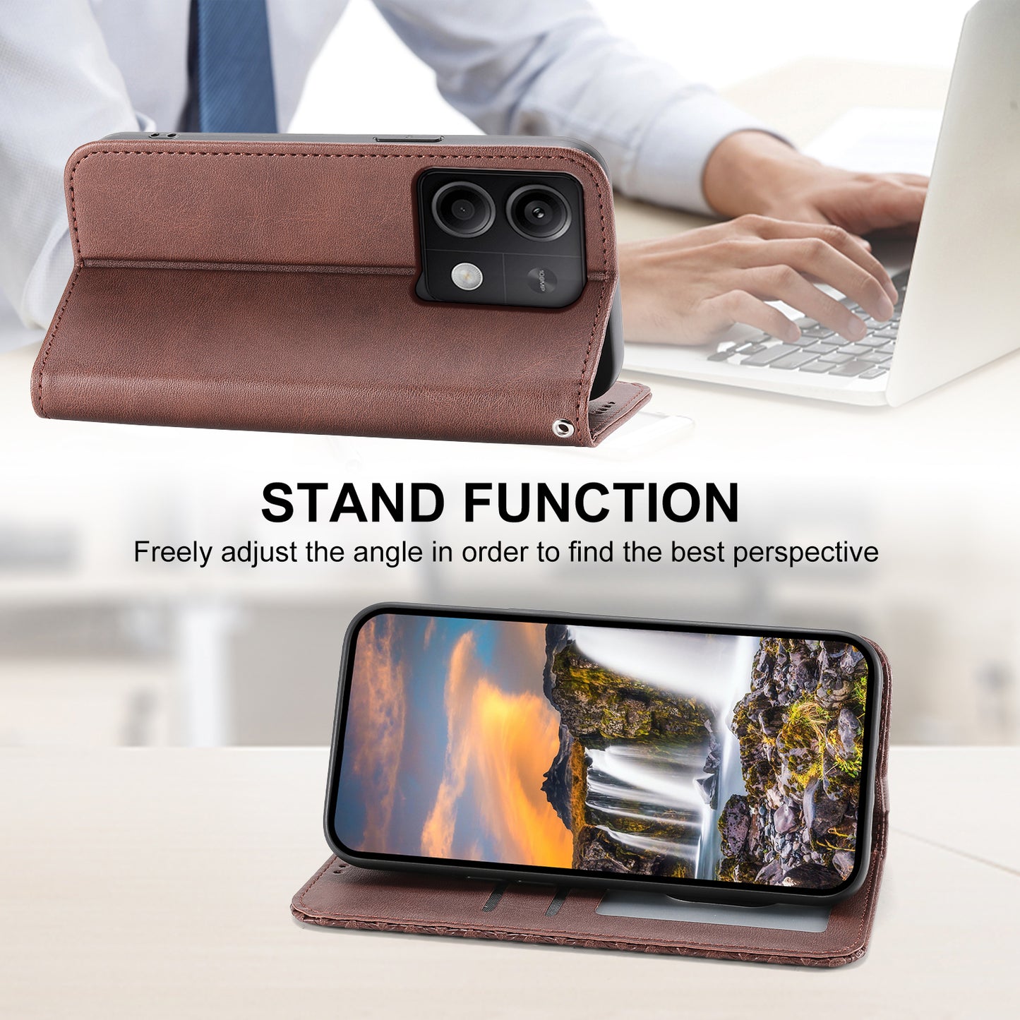For Xiaomi Redmi Note 13 5G / Note 13 5G (China) Case with Hand Strap Wallet Leather Cover - Brown