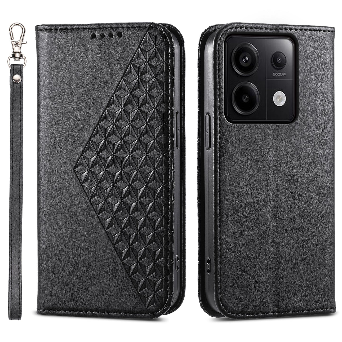 For Xiaomi Redmi Note 13 Pro 5G / Poco X6 5G Case Wallet Magnetic Leather Cover Rhombus Pattern - Black