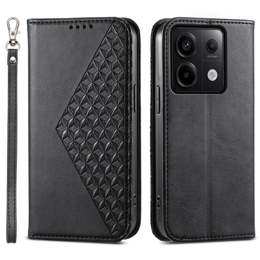 For Xiaomi Redmi Note 13 Pro 5G / Poco X6 5G Case Wallet Magnetic Leather Cover Rhombus Pattern - Black