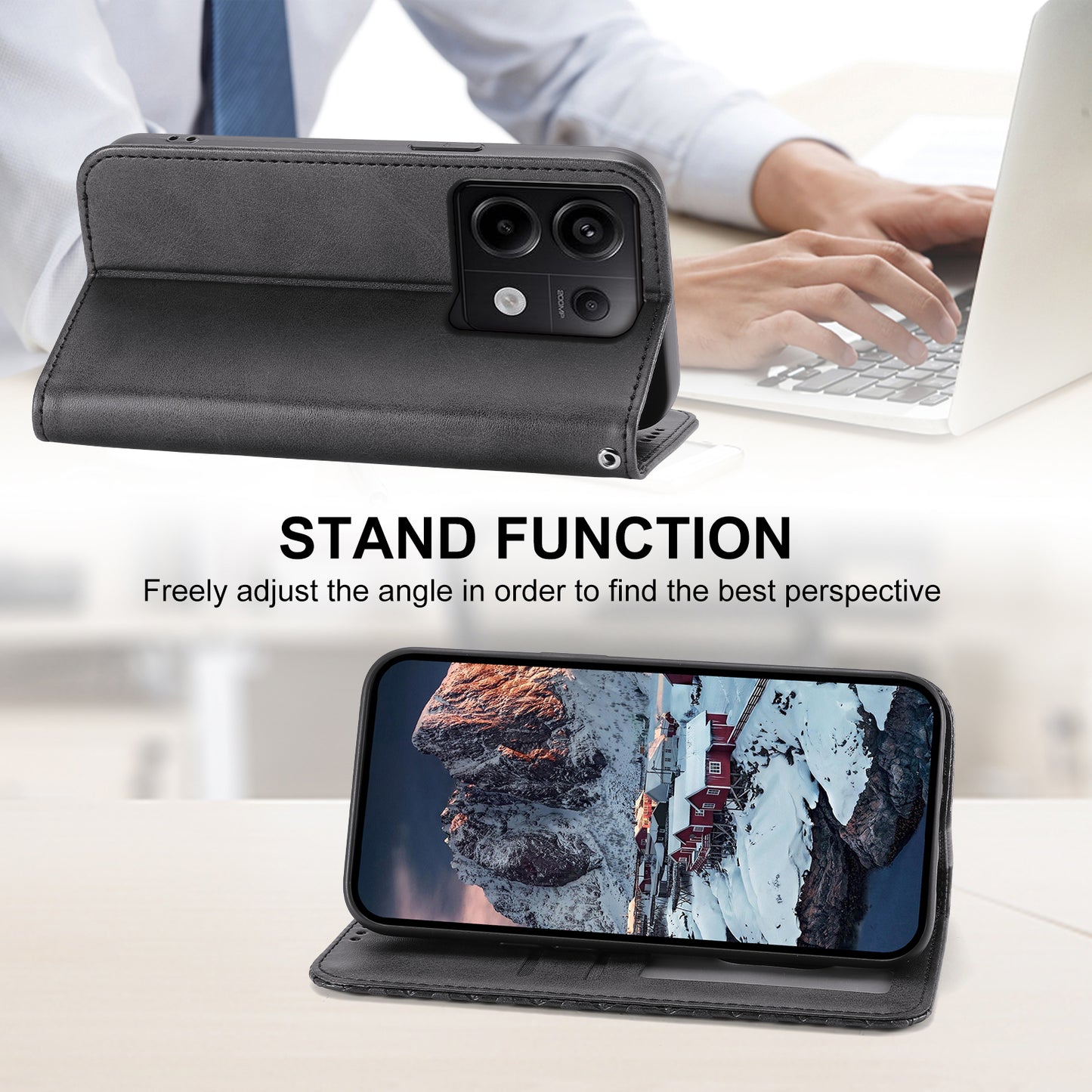For Xiaomi Redmi Note 13 Pro 5G / Poco X6 5G Case Wallet Magnetic Leather Cover Rhombus Pattern - Black