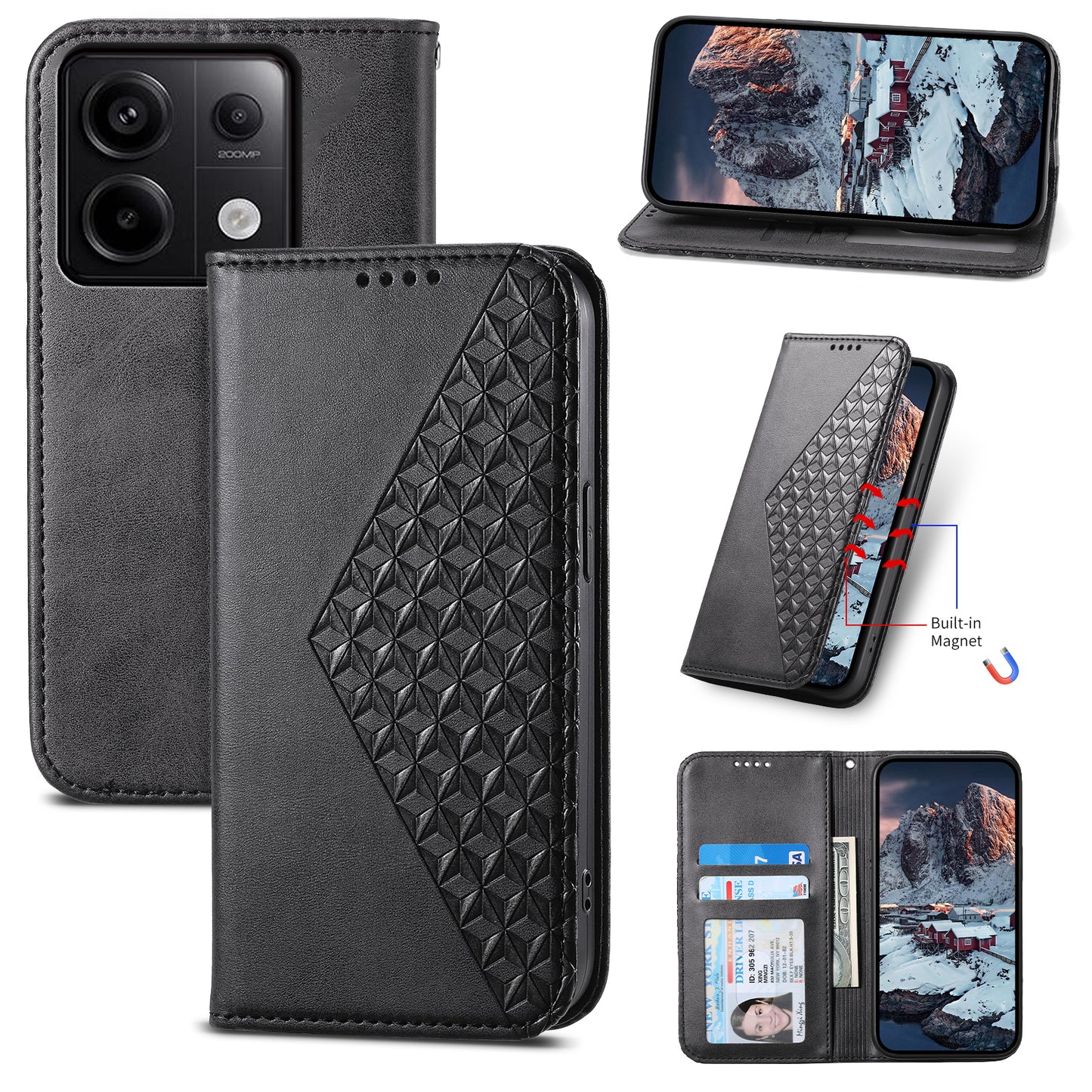 For Xiaomi Redmi Note 13 Pro 5G / Poco X6 5G Case Wallet Magnetic Leather Cover Rhombus Pattern - Black