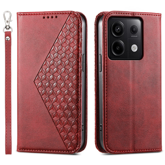 For Xiaomi Redmi Note 13 Pro 5G / Poco X6 5G Case Wallet Magnetic Leather Cover Rhombus Pattern - Red