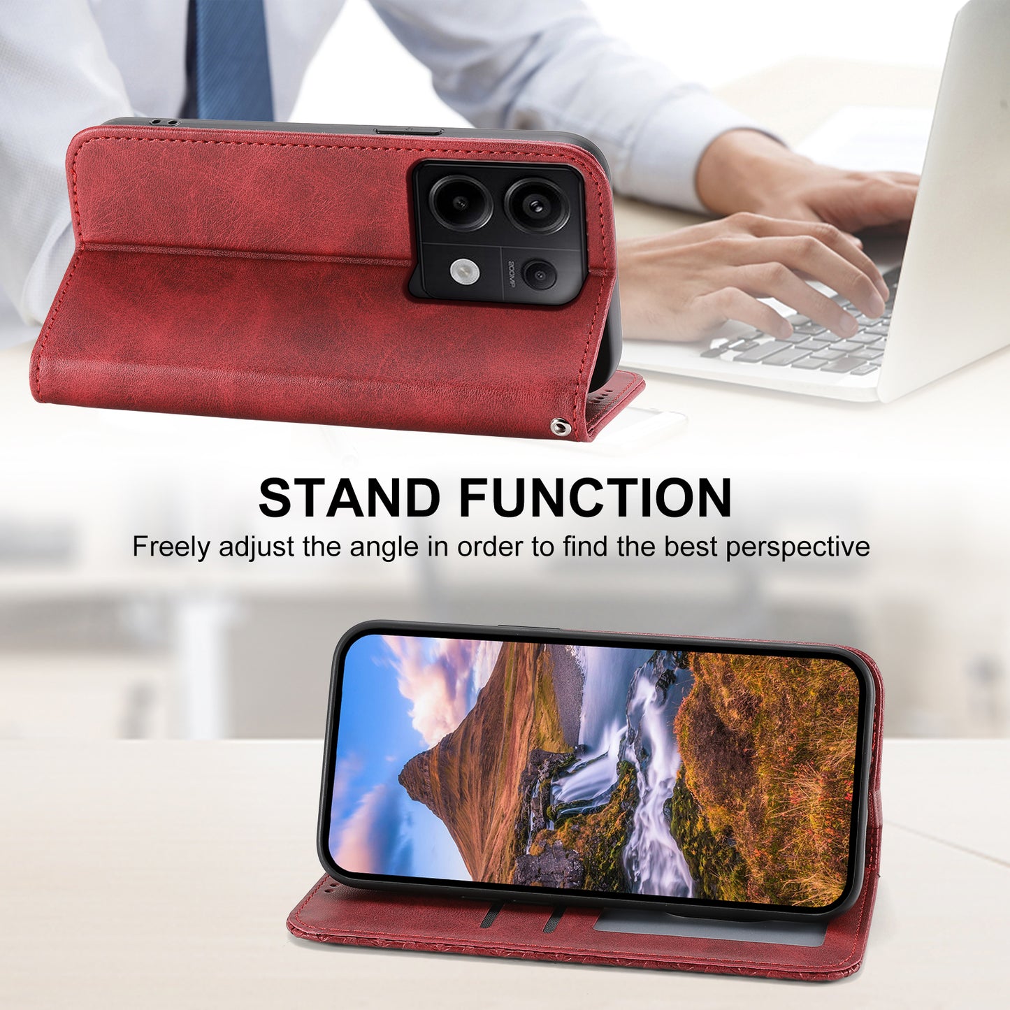 For Xiaomi Redmi Note 13 Pro 5G / Poco X6 5G Case Wallet Magnetic Leather Cover Rhombus Pattern - Red