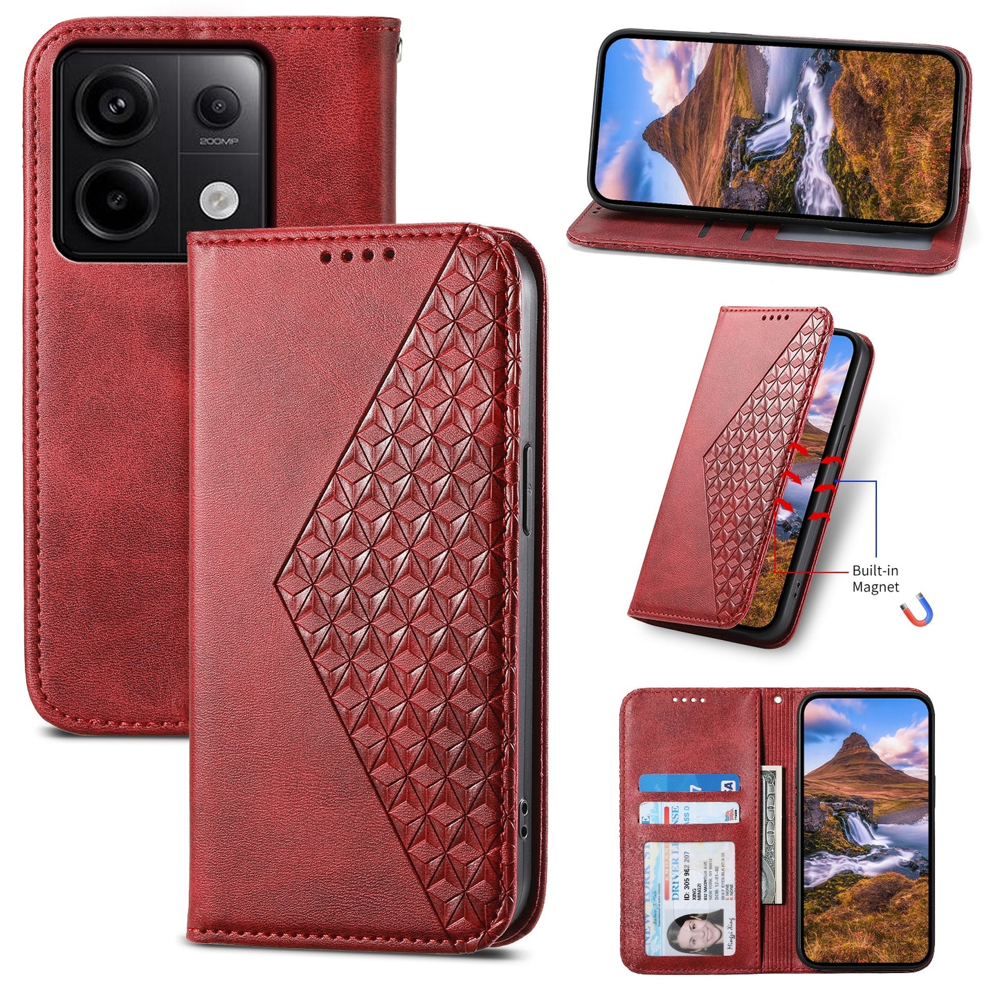 For Xiaomi Redmi Note 13 Pro 5G / Poco X6 5G Case Wallet Magnetic Leather Cover Rhombus Pattern - Red