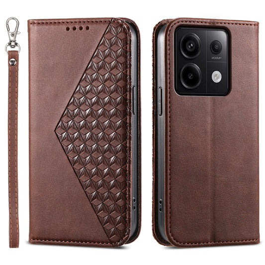For Xiaomi Redmi Note 13 Pro 5G / Poco X6 5G Case Wallet Magnetic Leather Cover Rhombus Pattern - Brown