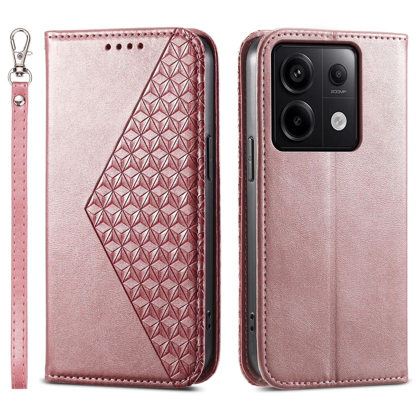 For Xiaomi Redmi Note 13 Pro 5G / Poco X6 5G Case Wallet Magnetic Leather Cover Rhombus Pattern - Rose Gold