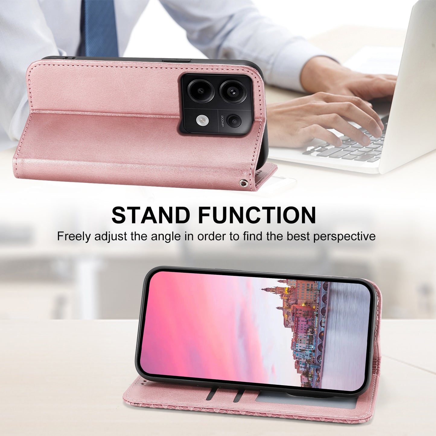 For Xiaomi Redmi Note 13 Pro 5G / Poco X6 5G Case Wallet Magnetic Leather Cover Rhombus Pattern - Rose Gold