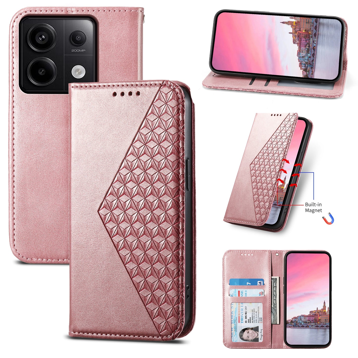 For Xiaomi Redmi Note 13 Pro 5G / Poco X6 5G Case Wallet Magnetic Leather Cover Rhombus Pattern - Rose Gold