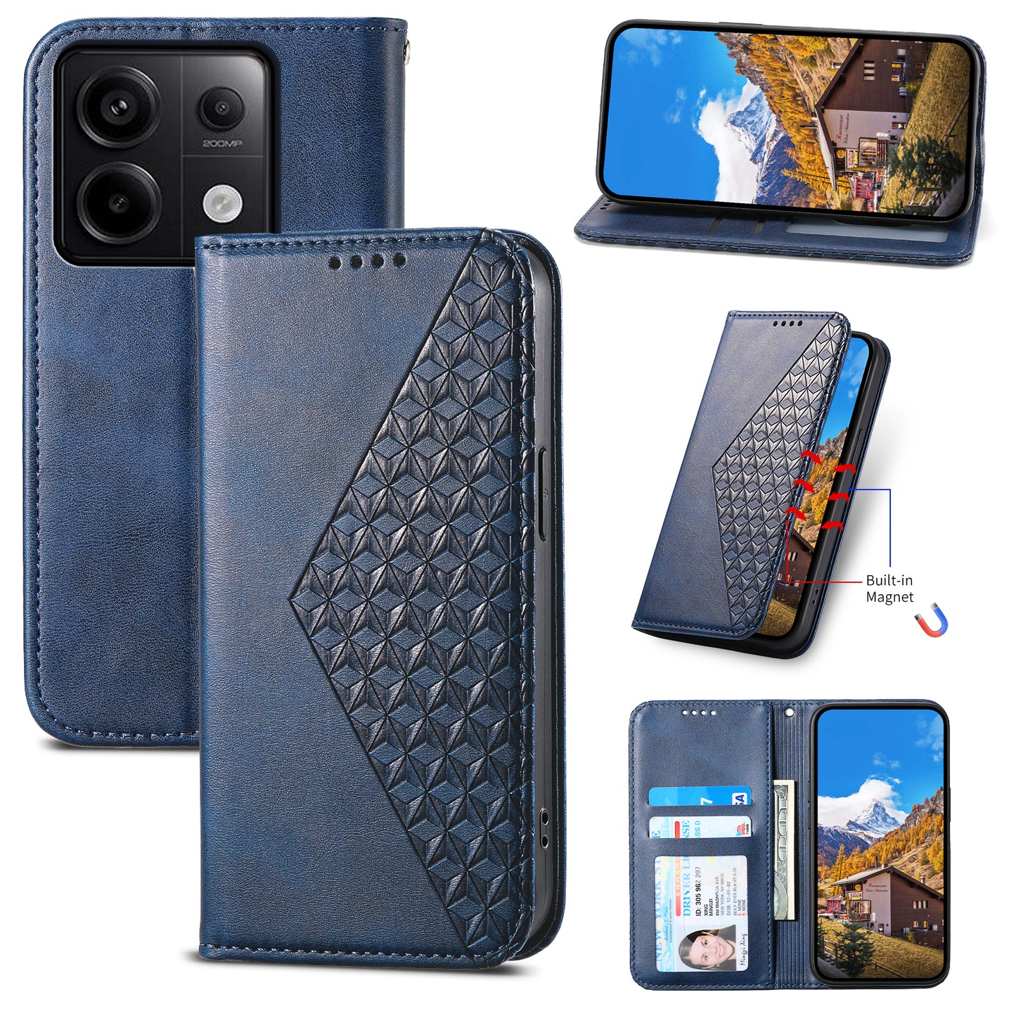 For Xiaomi Redmi Note 13 Pro 5G / Poco X6 5G Case Wallet Magnetic Leather Cover Rhombus Pattern - Blue