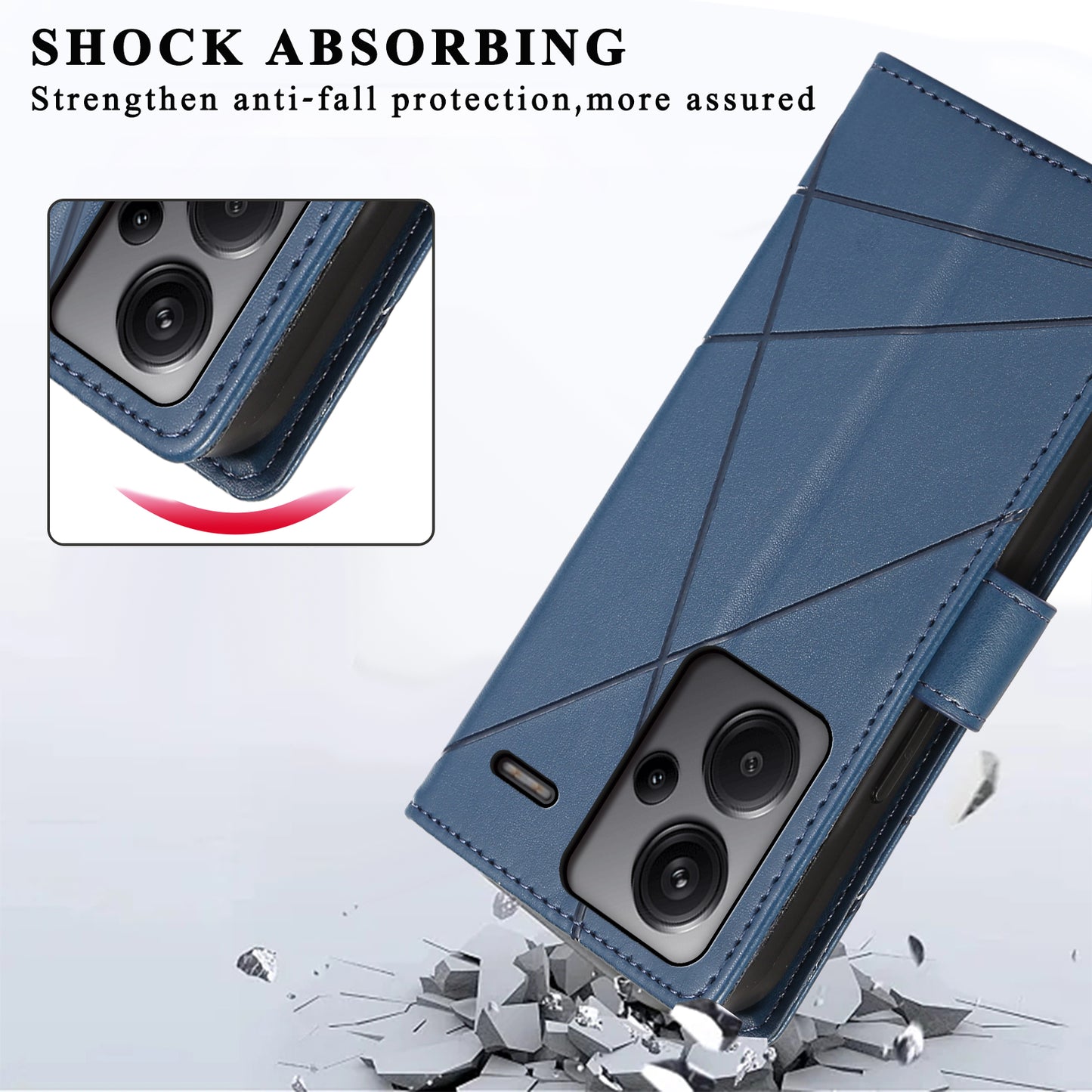 DF-06 For Xiaomi Redmi Note 13 Pro+ 5G Case Leather Cover Line Imprinted with Wallet - Blue