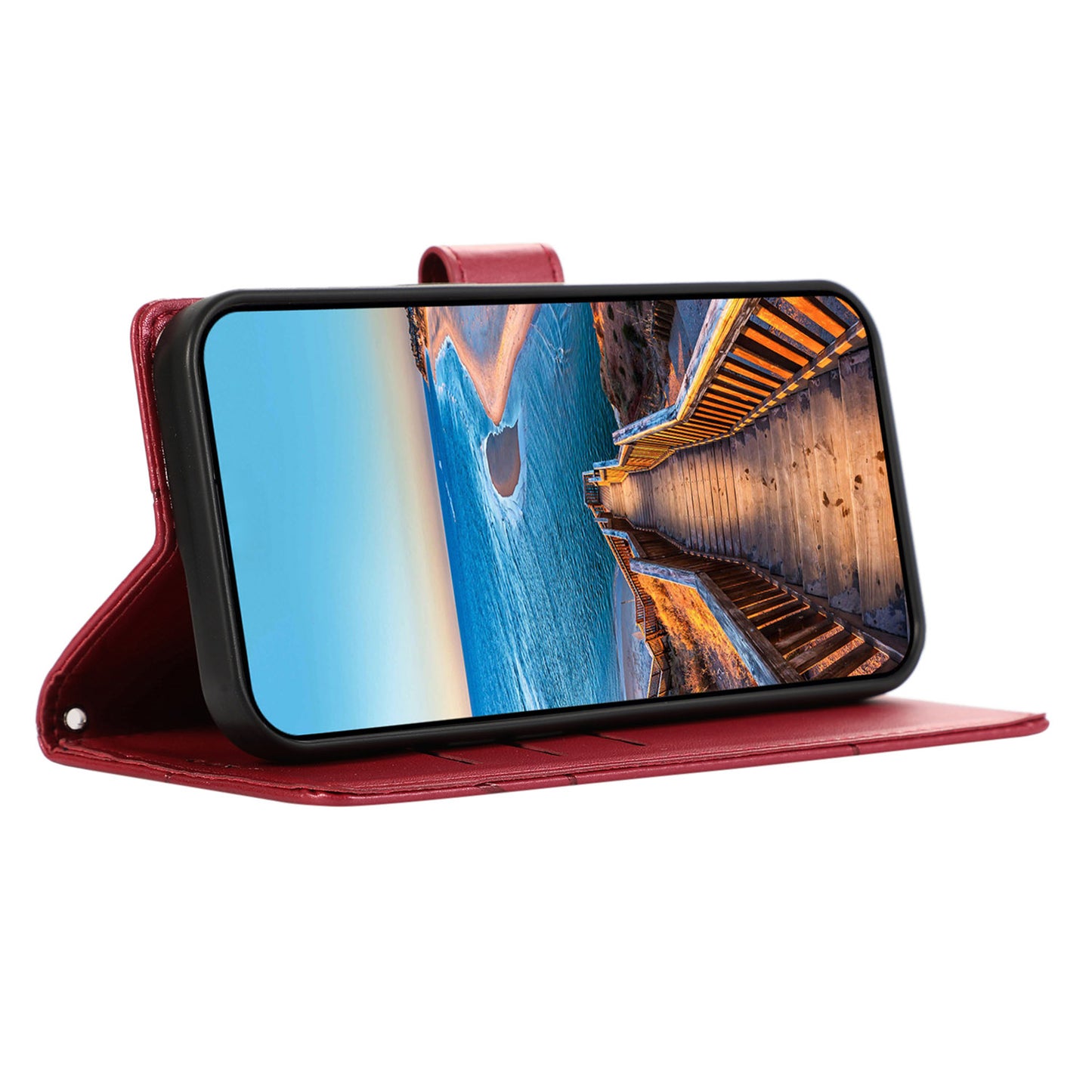 DF-06 For Xiaomi Redmi Note 13 Pro+ 5G Case Leather Cover Line Imprinted with Wallet - Red