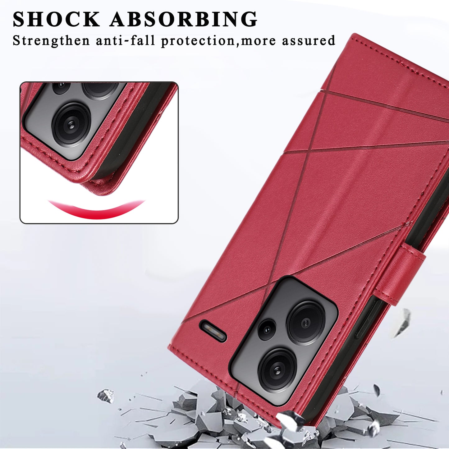 DF-06 For Xiaomi Redmi Note 13 Pro+ 5G Case Leather Cover Line Imprinted with Wallet - Red