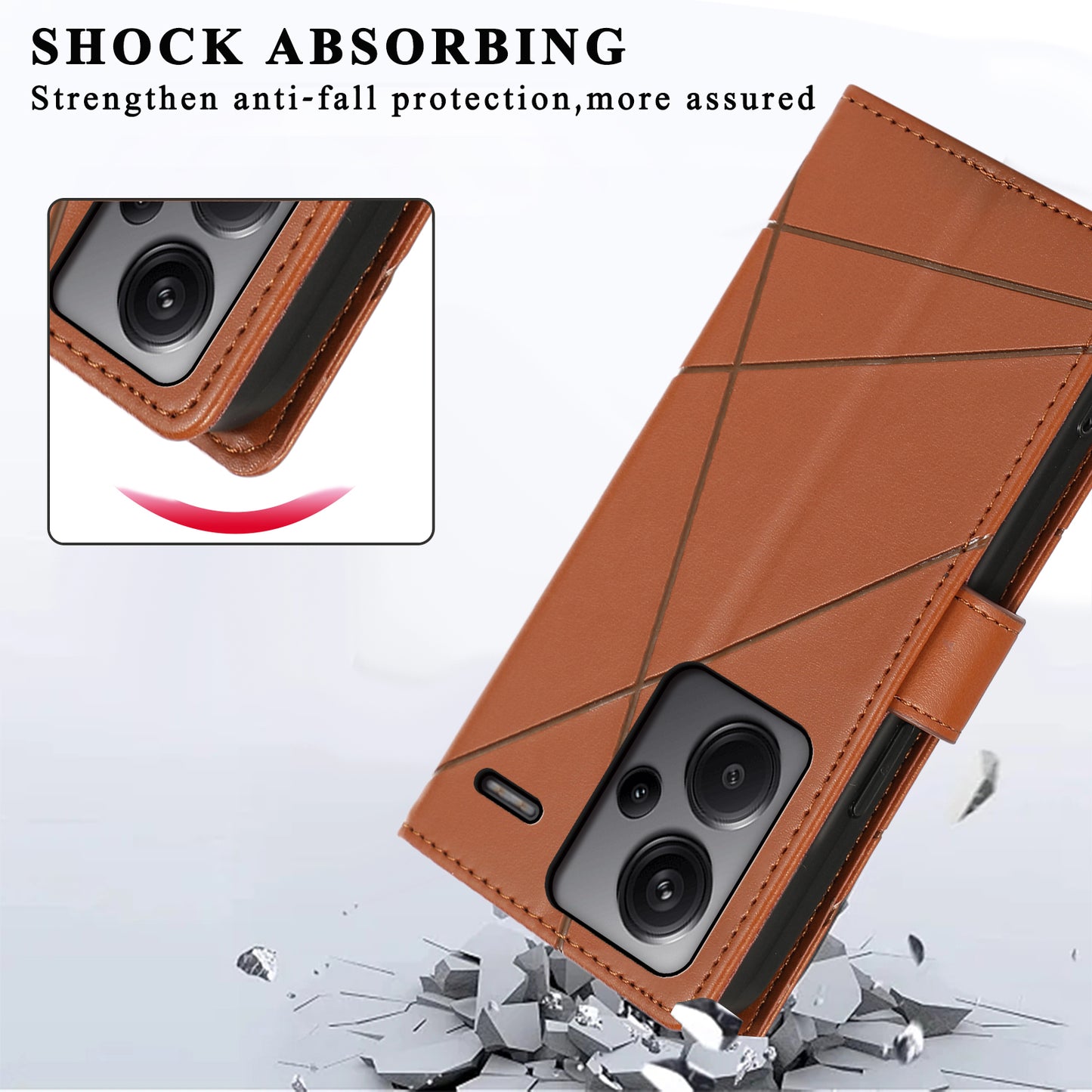 DF-06 For Xiaomi Redmi Note 13 Pro+ 5G Case Leather Cover Line Imprinted with Wallet - Brown