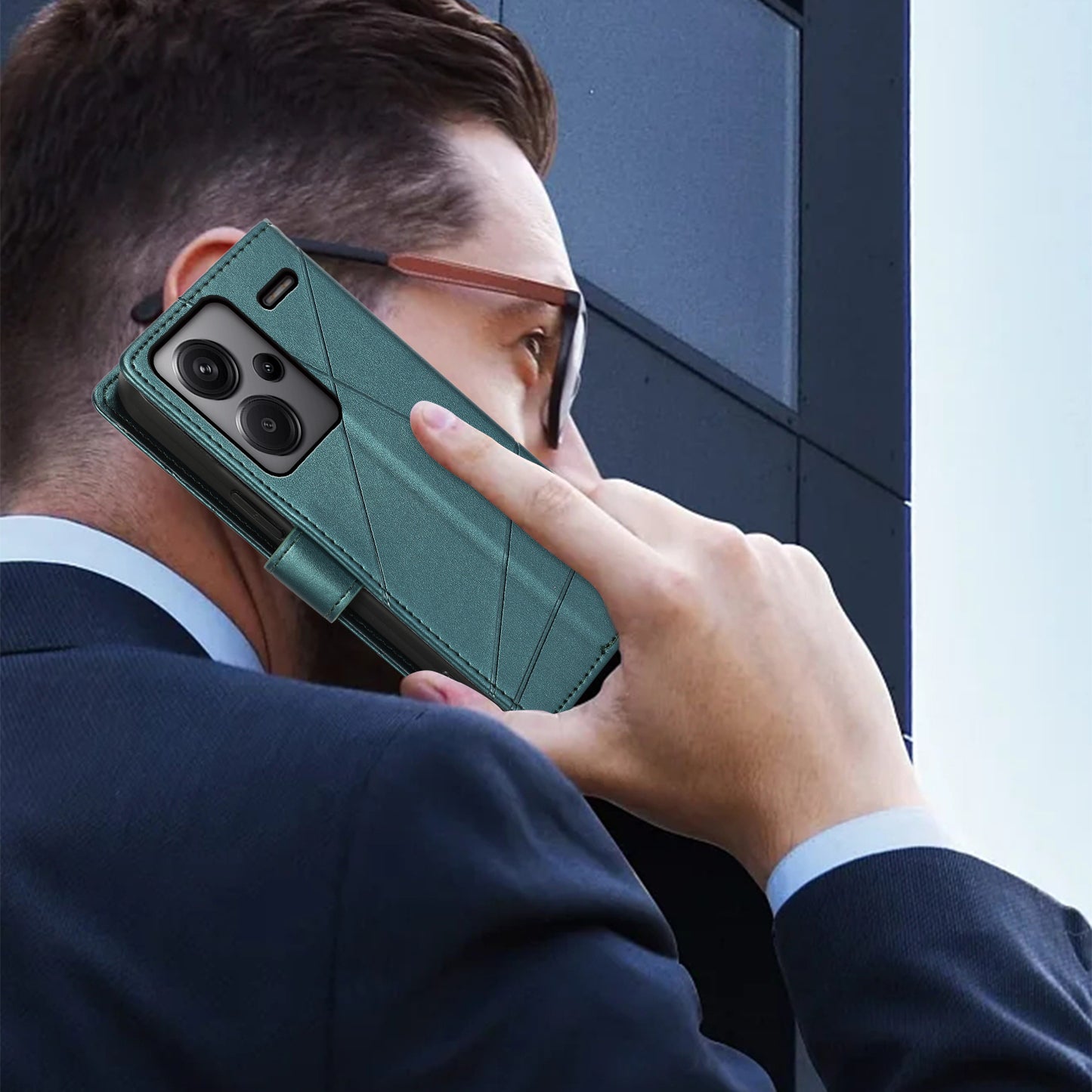 DF-06 For Xiaomi Redmi Note 13 Pro+ 5G Case Leather Cover Line Imprinted with Wallet - Green